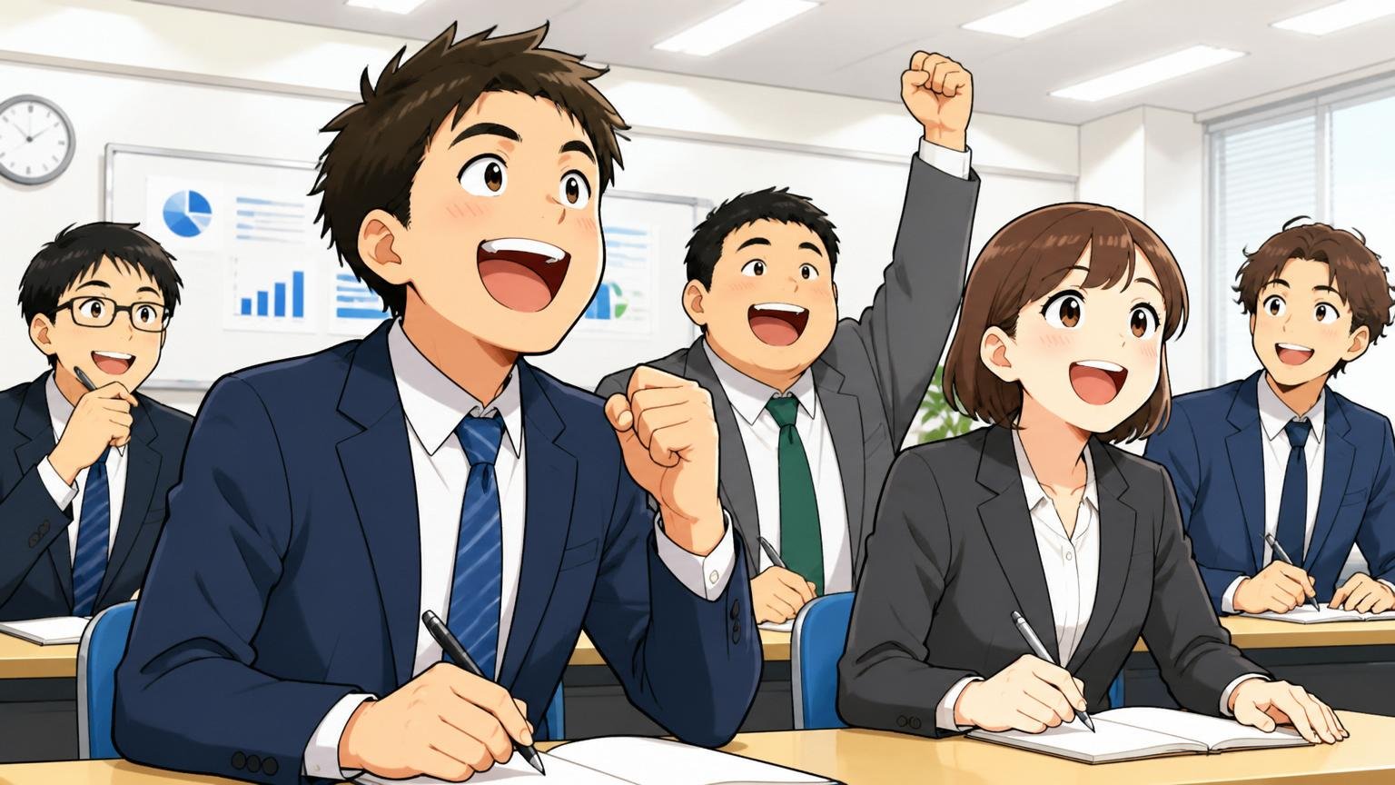 東証プライムの安定と教育体制と福利厚生というメリット。研修ルームで新人社員数人が笑顔で学ぶ
