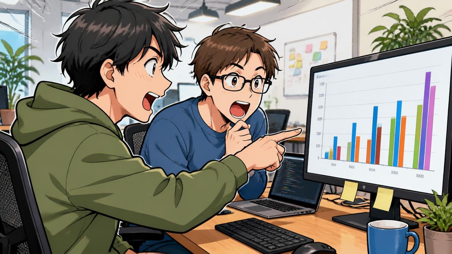 業態別年収を比較する場面、Web系スタートアップのオフィス、エンジニア2人が画面を共有する