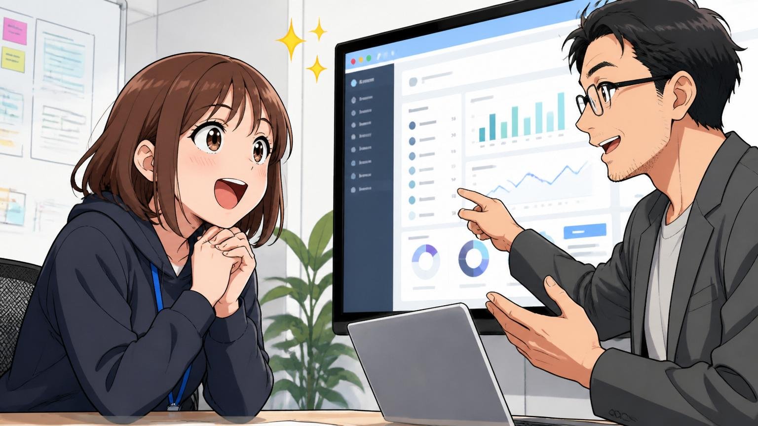 同業SaaS企業の選考会場で熱心にプロダクトの話を聞く場面。Web系SaaSのオフィスで30代女性エンジニアが目を輝かせて説明を聞き、面接官が説明する。2人のシーン