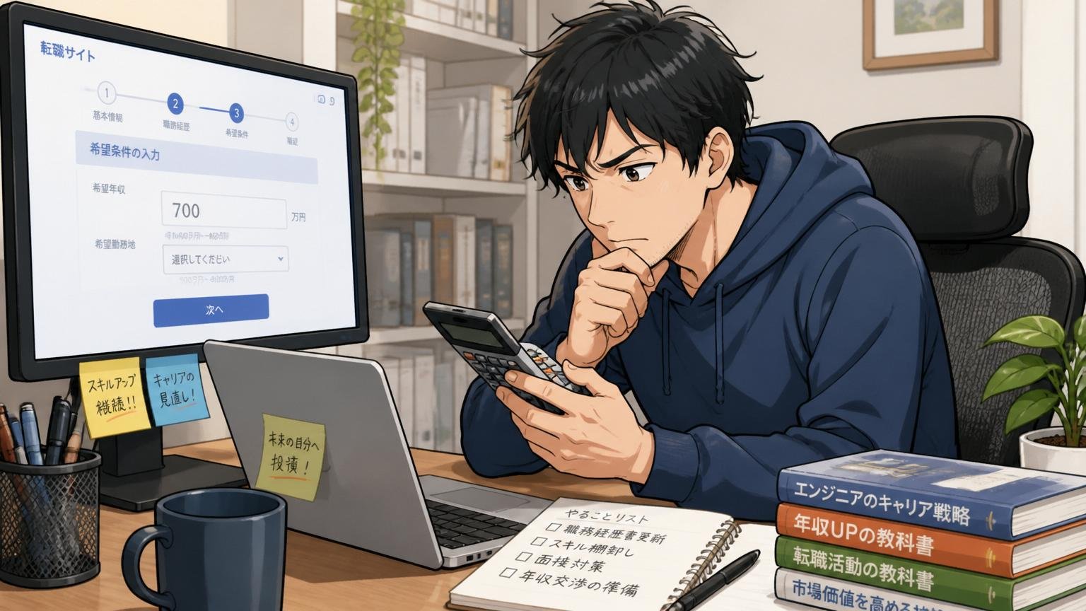 自宅のデスクで30代男性エンジニアが転職サイトの希望年収入力欄を見つめ電卓を手にじっくり考える場面
