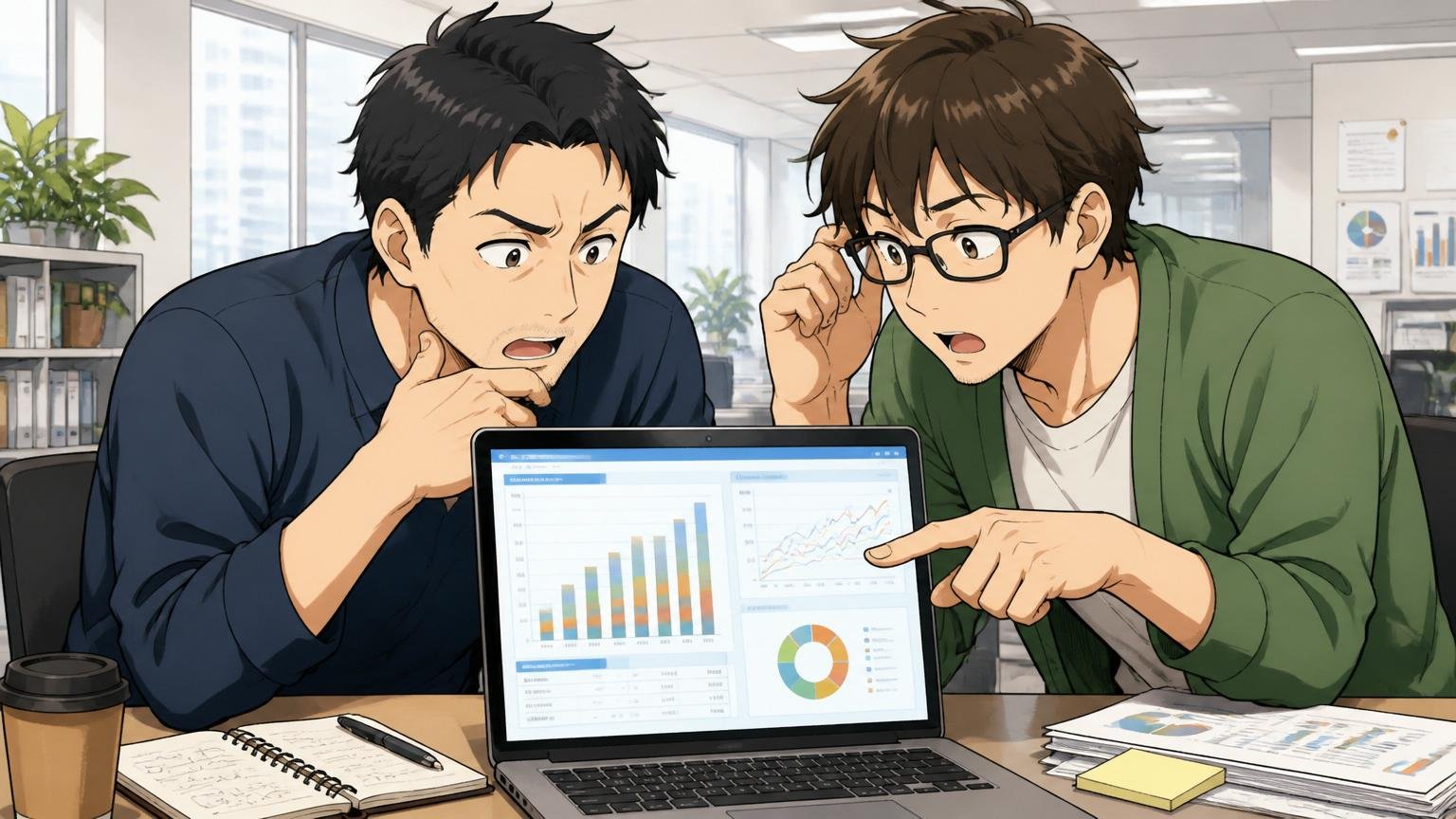 経産省のIT人材データのグラフを見ながらキャリアを考える30代のエンジニア2人