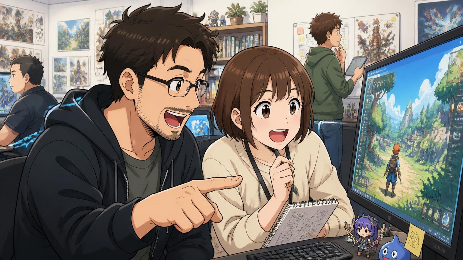 ゲーム事業の人 → ゲーム特化／モバイル／XR系の事業会社へ。ゲーム会社の開発スタジオで、30代男性ゲームエンジニアと20代後半女性プランナーがプロトタイプの画面を一緒に確認している