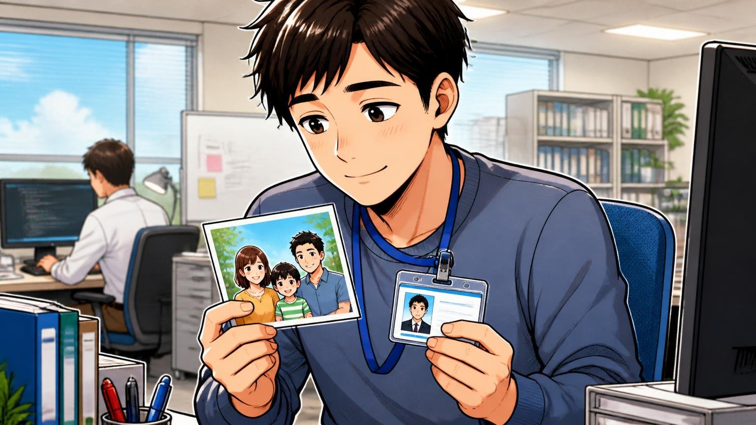 企業のオフィスで安心した表情の30代エンジニア1人、デスクで家族写真と社員証を見比べる