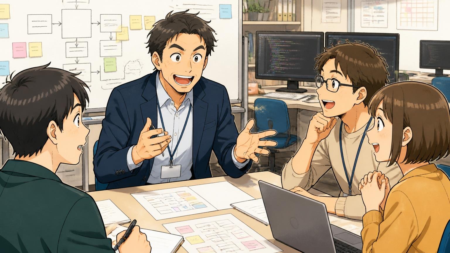 システナに残ったほうが幸せな人の条件。SIerの開発現場で笑顔のマネージャーが部下と打ち合わせをしている