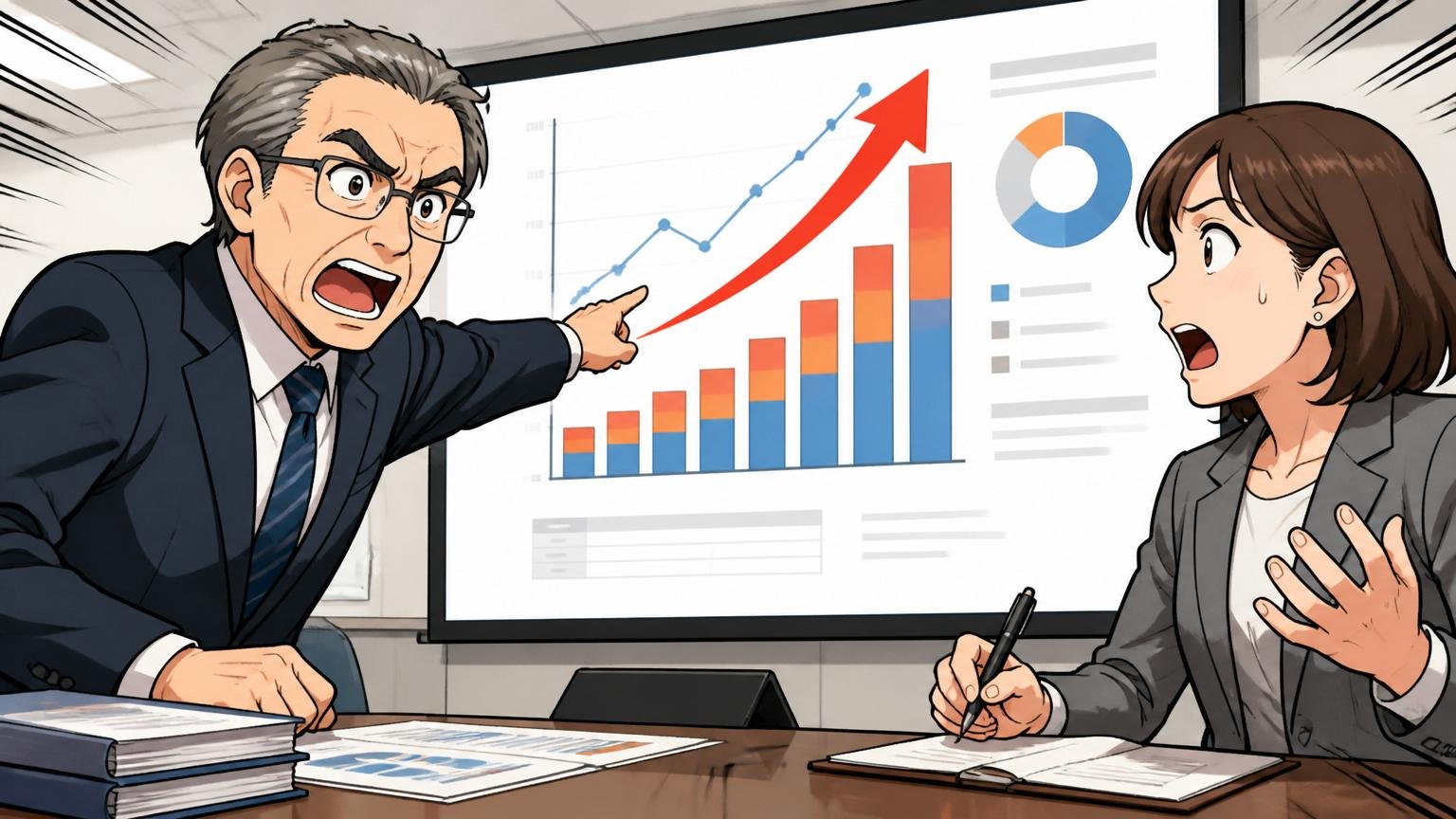 IT人材需給ギャップは2030年に最大79万人｜経済産業省の会議室でデータグラフを指差して議論する50代男性官僚と40代女性研究員
