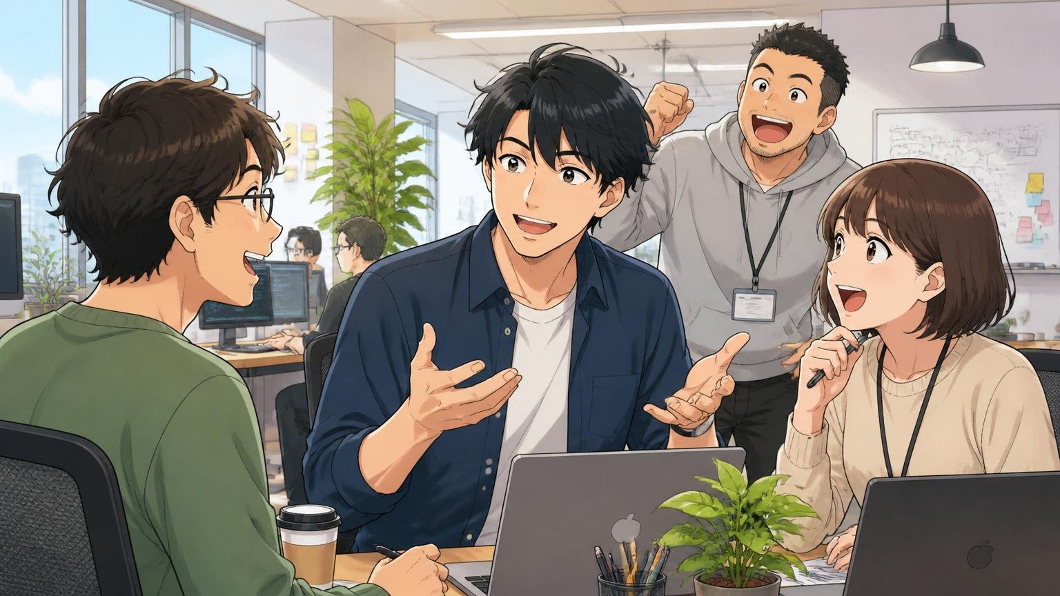 システムエンジニア(SE)の転職先カテゴリ。Web系スタートアップのオフィスで30代男性SEが新しいチームメンバーと和やかに会話する