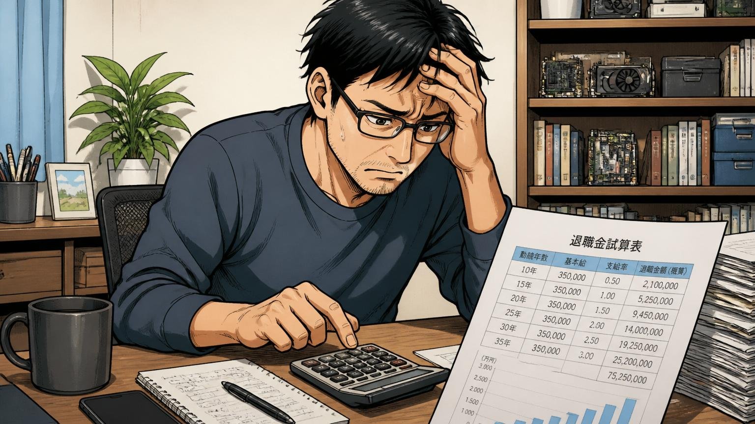自宅のデスクで退職金試算表を見ながら電卓を叩く40代男性エンジニア1人、深刻な表情