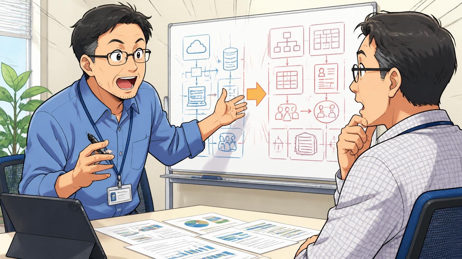 COMPANY/HUE運用支援から大規模ERPドメイン知識への翻訳。大企業の人事部で打ち合わせをする40代エンジニア2人、説明する姿