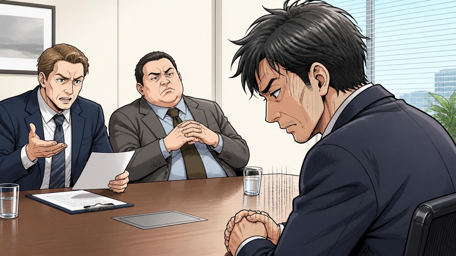 外資系企業の会議室で退職勧奨面談を受ける40代のITスペシャリスト1人