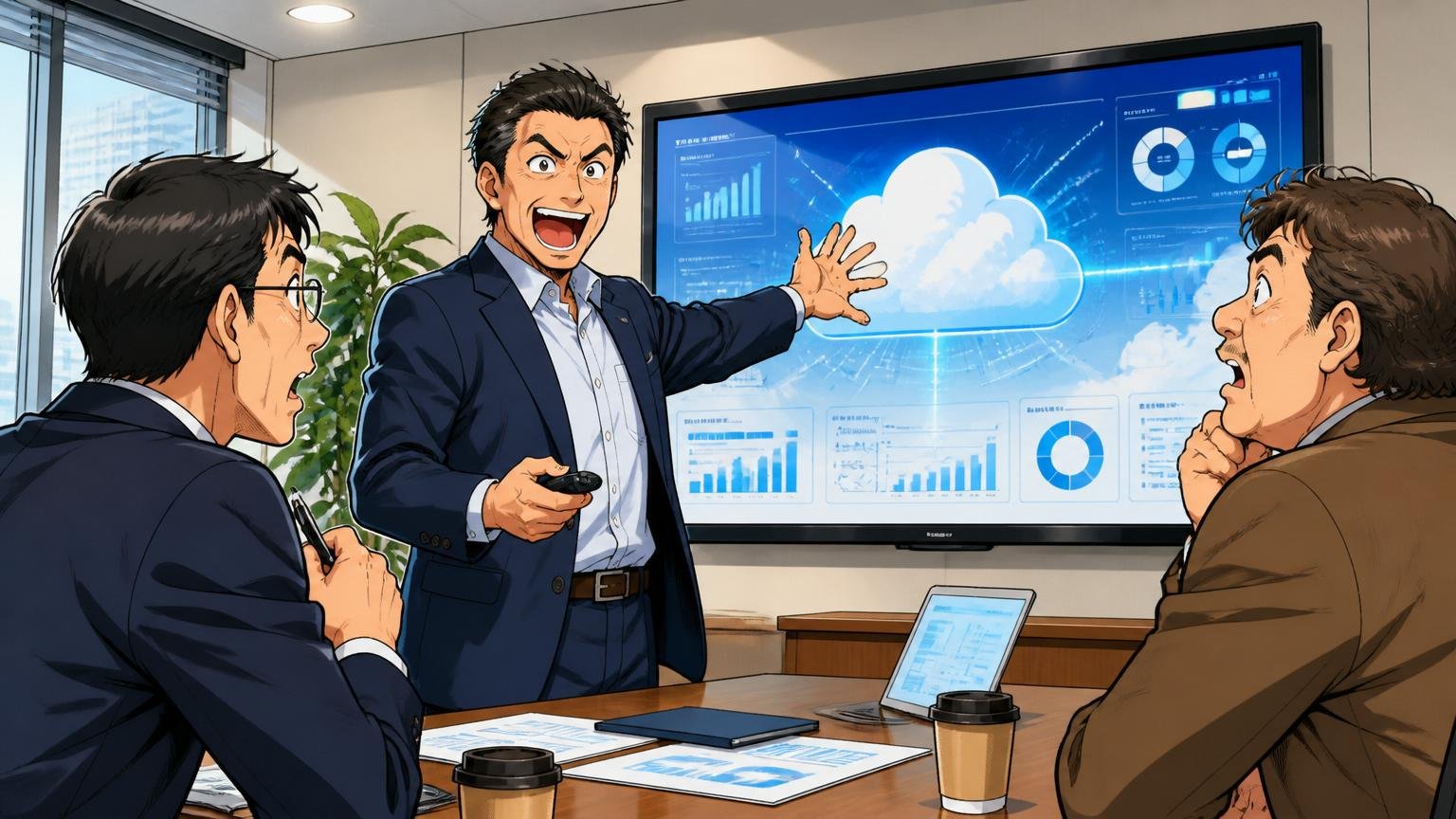 外資系SaaS企業の商談室で大型クラウド案件を提案する40代男性営業1人と顧客2人