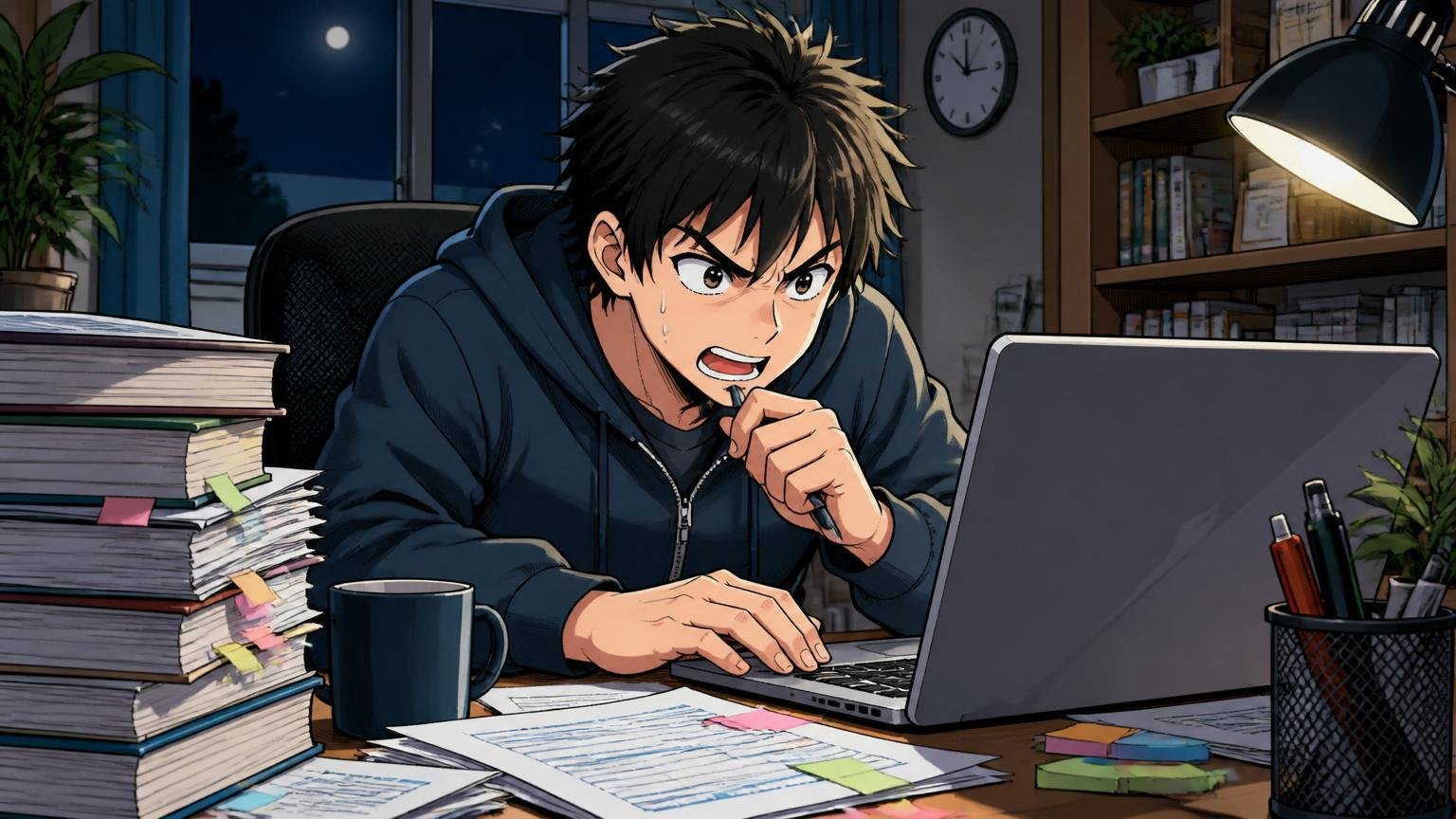自宅のデスクでPCに向かい職務経歴書を書き直すエンジニア、夜中の集中作業、1人