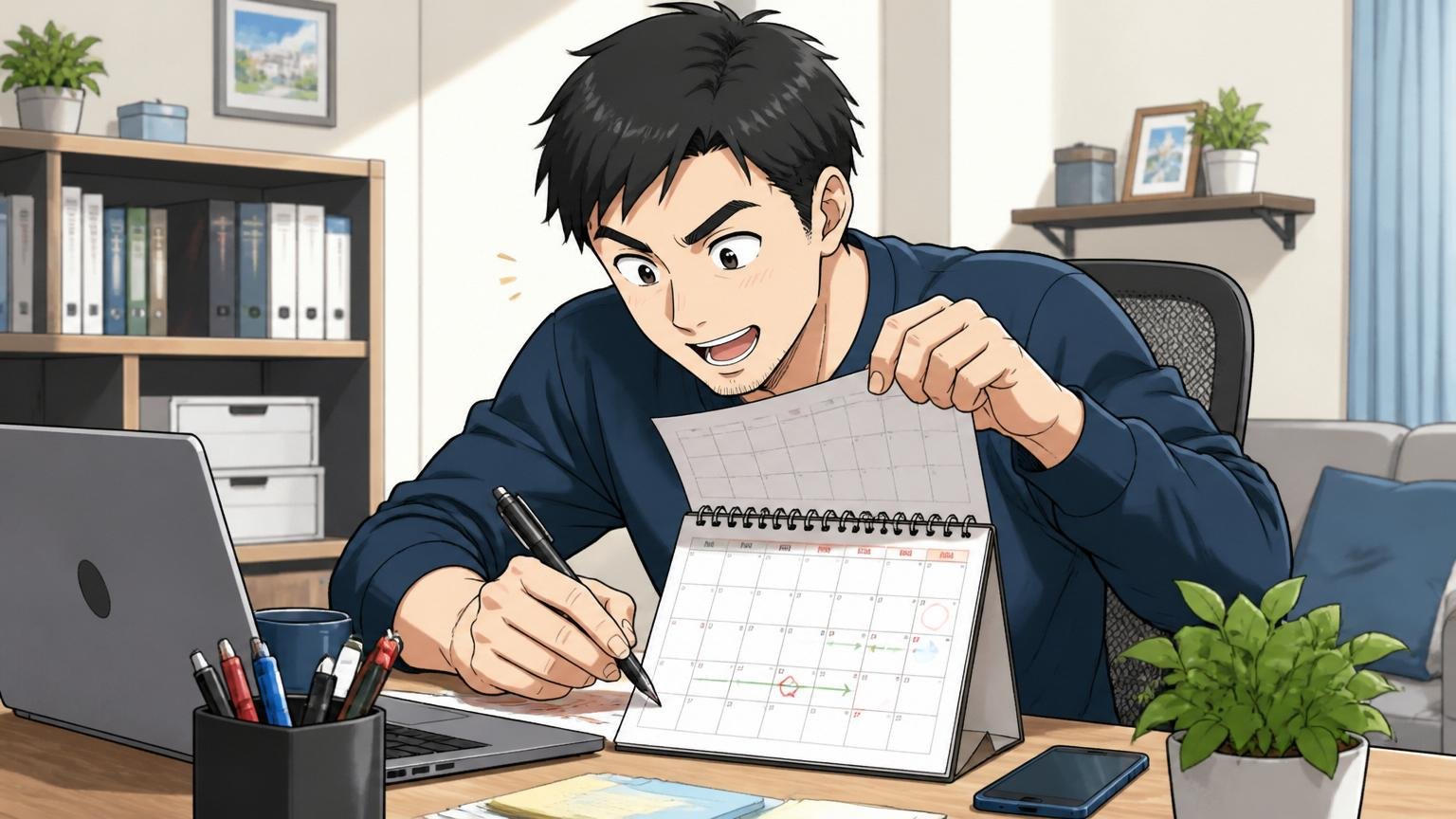 自宅のデスクで在宅勤務のエンジニア1人がカレンダーをめくりながら半年後の予定を書き込む姿