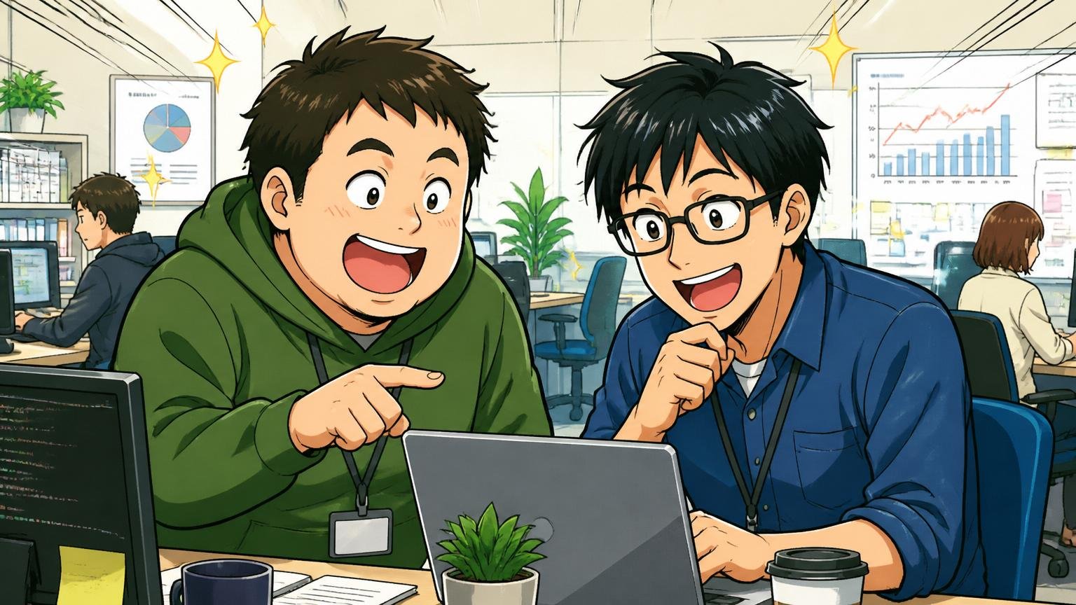 システナは中途採用比率が約6割、再挑戦の余地は大きい。Web系企業のオフィスでエンジニア2人がデータを見ながら笑顔