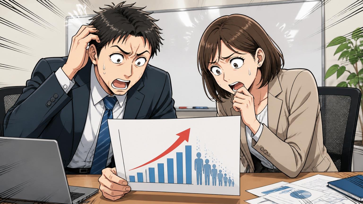 企業の会議室で人材担当者2名がIT人材不足のグラフ資料を見ながら危機感を表情に浮かべる