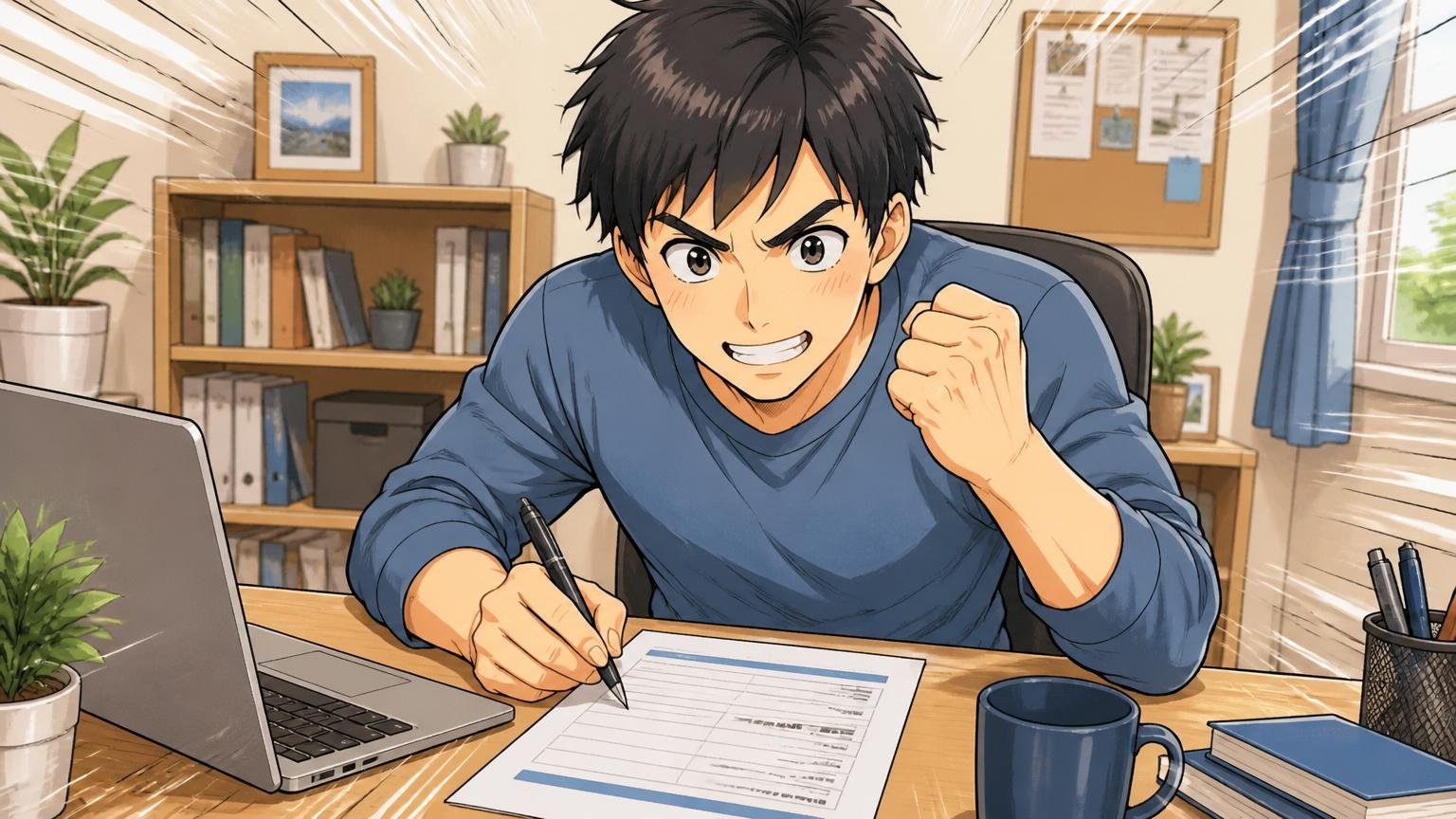 自宅のデスクで職務経歴書を書き直す決意の表情の応募者1名