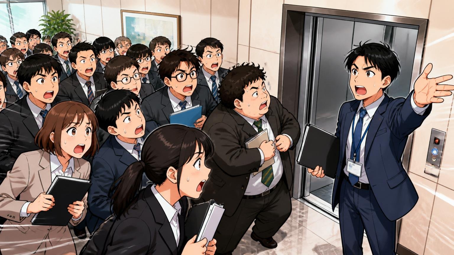 企業の採用会場で大勢の応募者がエレベーター前に集まり、人事担当者が誘導する