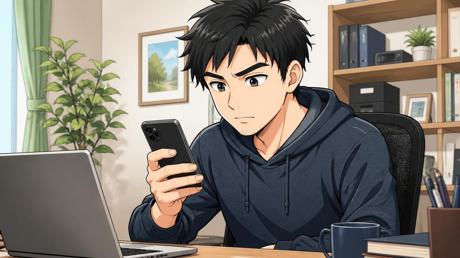 お祈りメールに返信、自宅のデスクで30代男性エンジニアがスマホでメール画面を見つめる