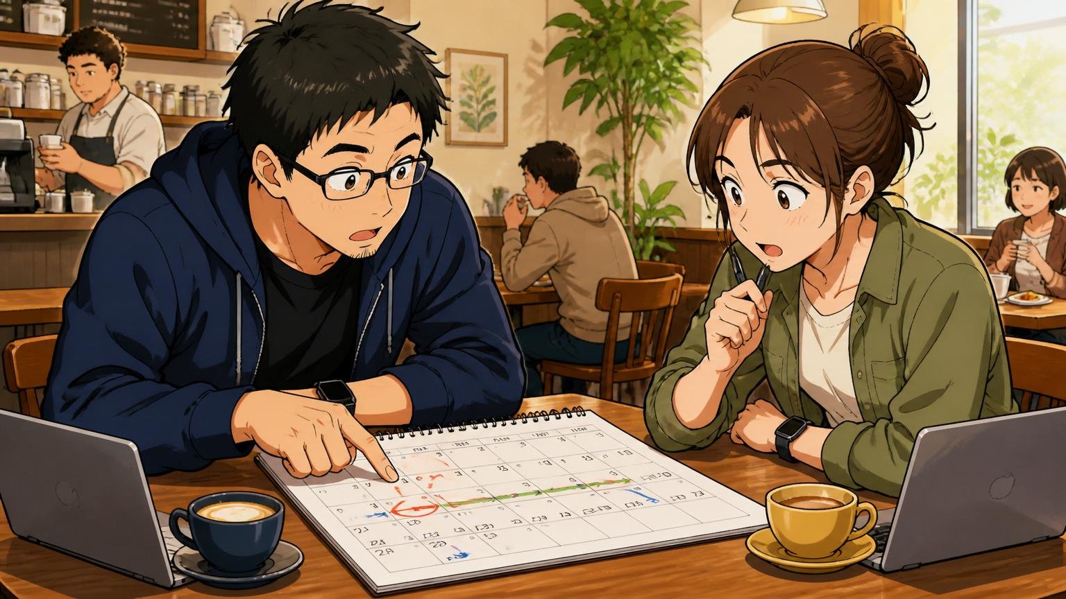 カフェのテーブルでカレンダーを広げ転職時期を計算する30代男性エンジニアと女性エンジニアが向き合って話す