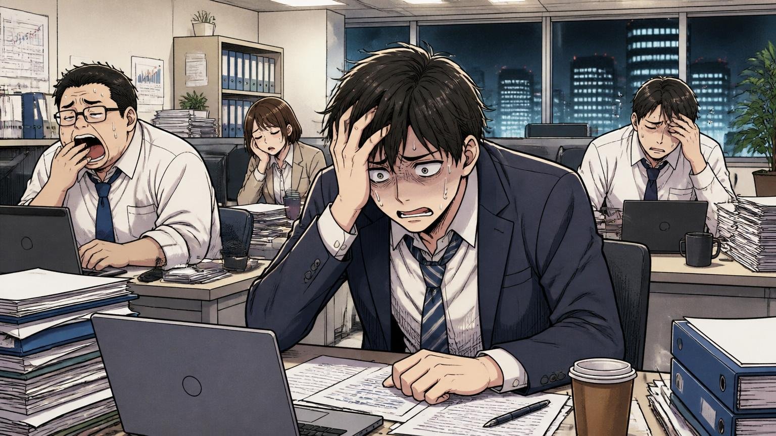 ノースサンドが「合わない人」のリアルな声 / コンサルティング会社のオフィスで深夜まで残業する複数の社員、疲れた表情