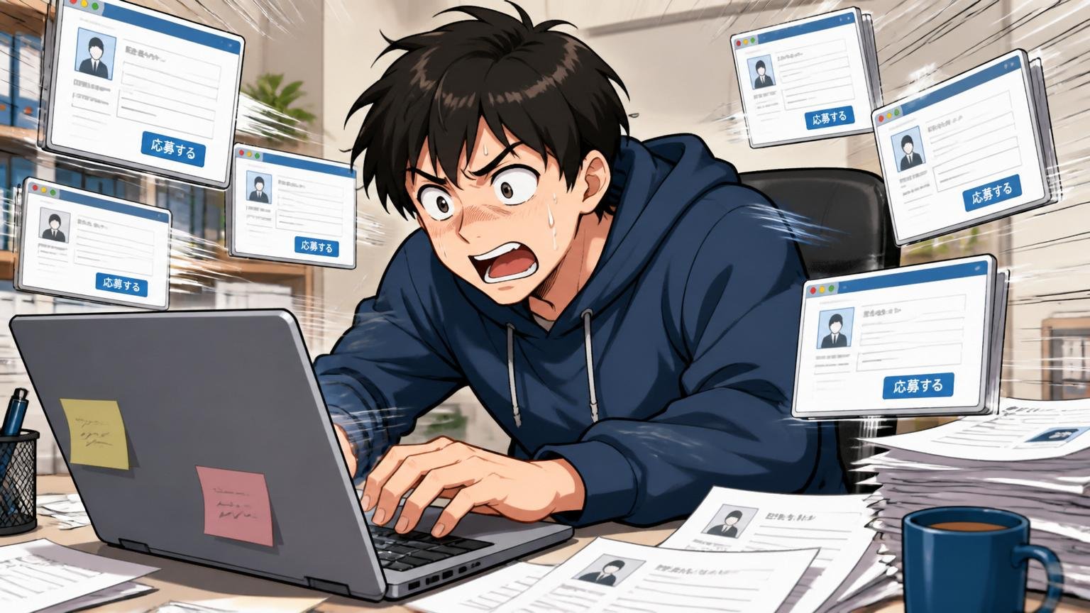 パソコンの前で同じ職務経歴書を何社にも連続応募する焦った表情のエンジニア男性