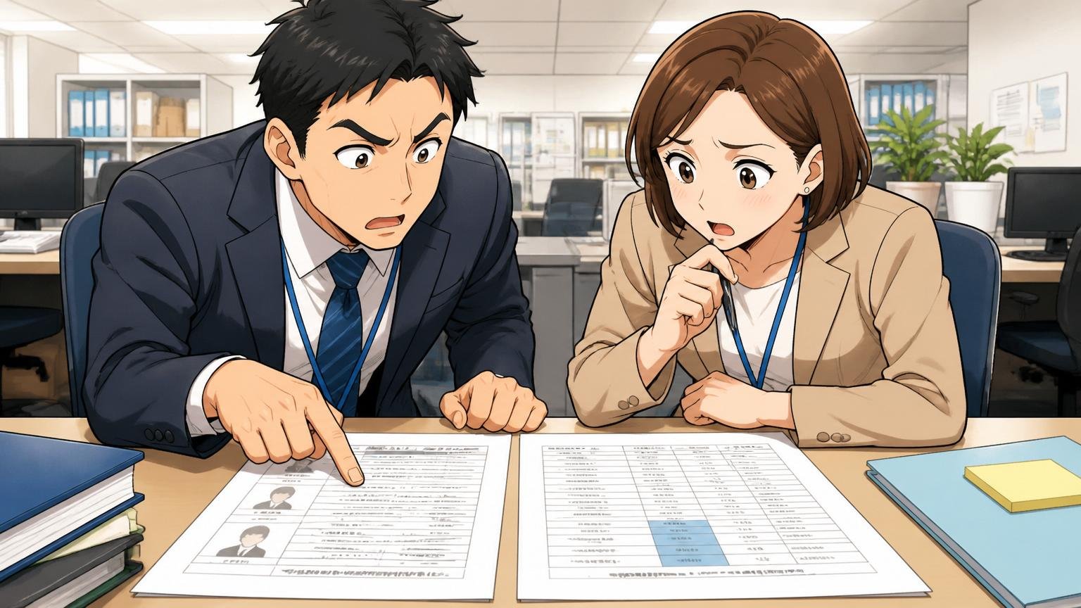 企業の人事部のデスクで採用担当者2人が職務経歴書とスキルシートを並べて配属可能性を検討中
