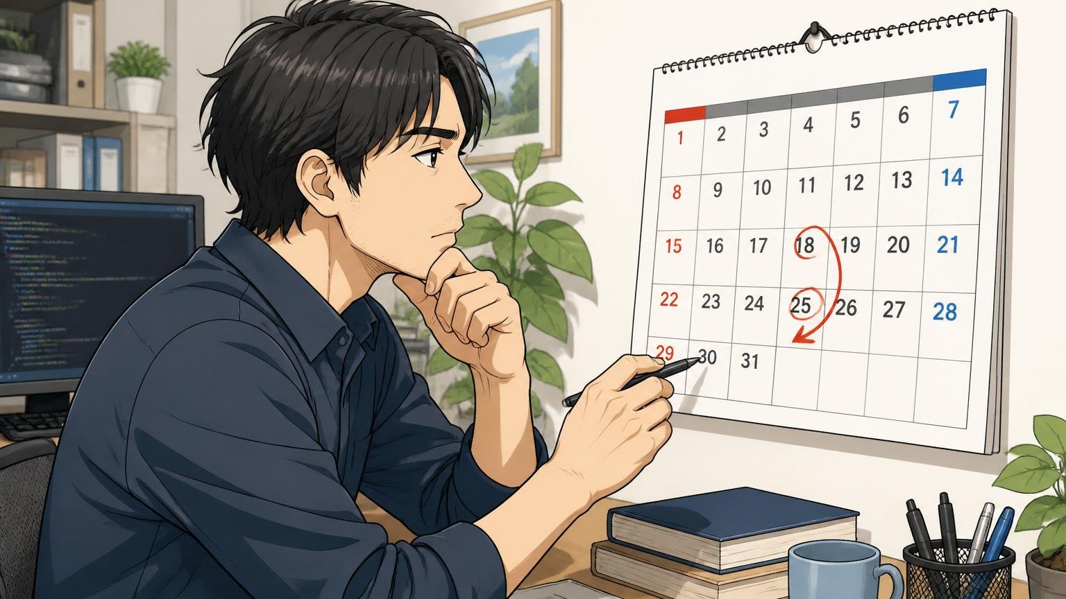 再応募までの目安は半年〜1年 カレンダーを眺めて再応募のタイミングを計算するエンジニア 30代1人 落ち着いた表情
