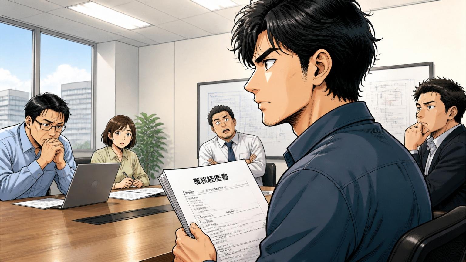 企業の会議室で再挑戦の決意を胸に職務経歴書を握りしめる30代男性エンジニアの真剣な横顔