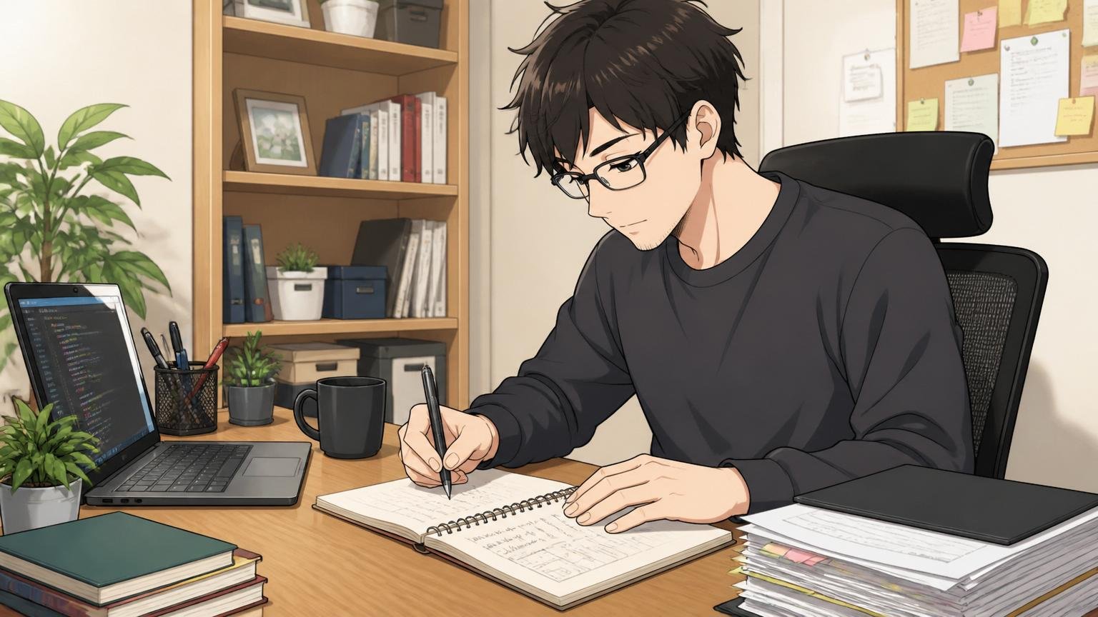自宅のデスクで再応募の準備をするノートに書き込む30代前半のエンジニア1人が落ち着いた表情で取り組んでいる