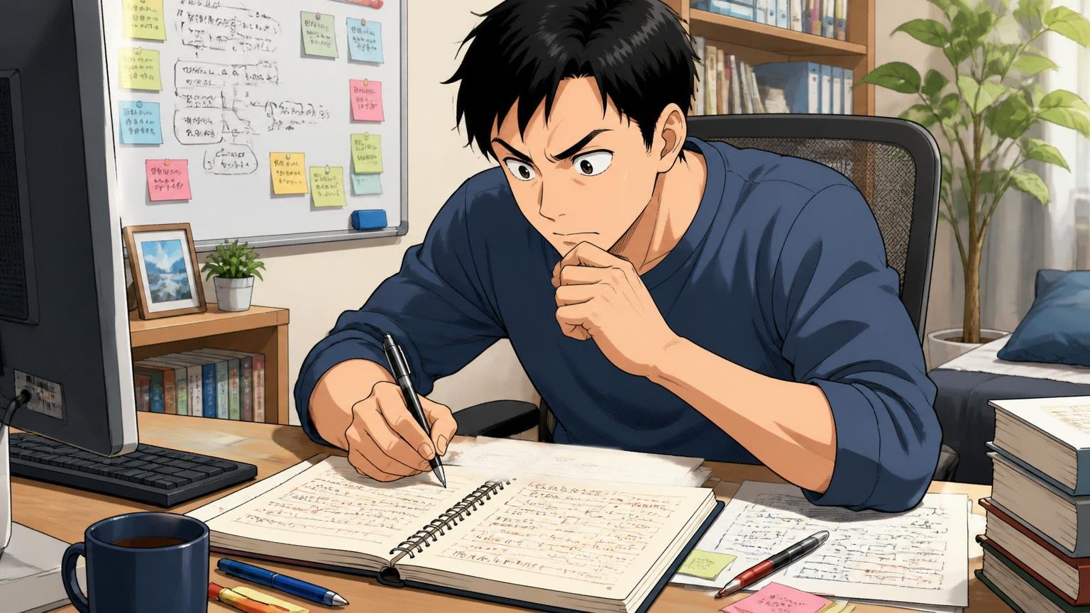 自宅のデスクでノートに志望動機を書き出して整理する中堅エンジニア