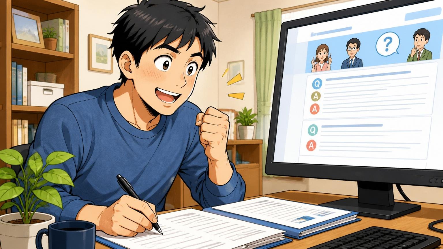 自宅のデスクで応募書類を書き直す30代男性、画面に「採用情報FAQ」を映して安堵の表情