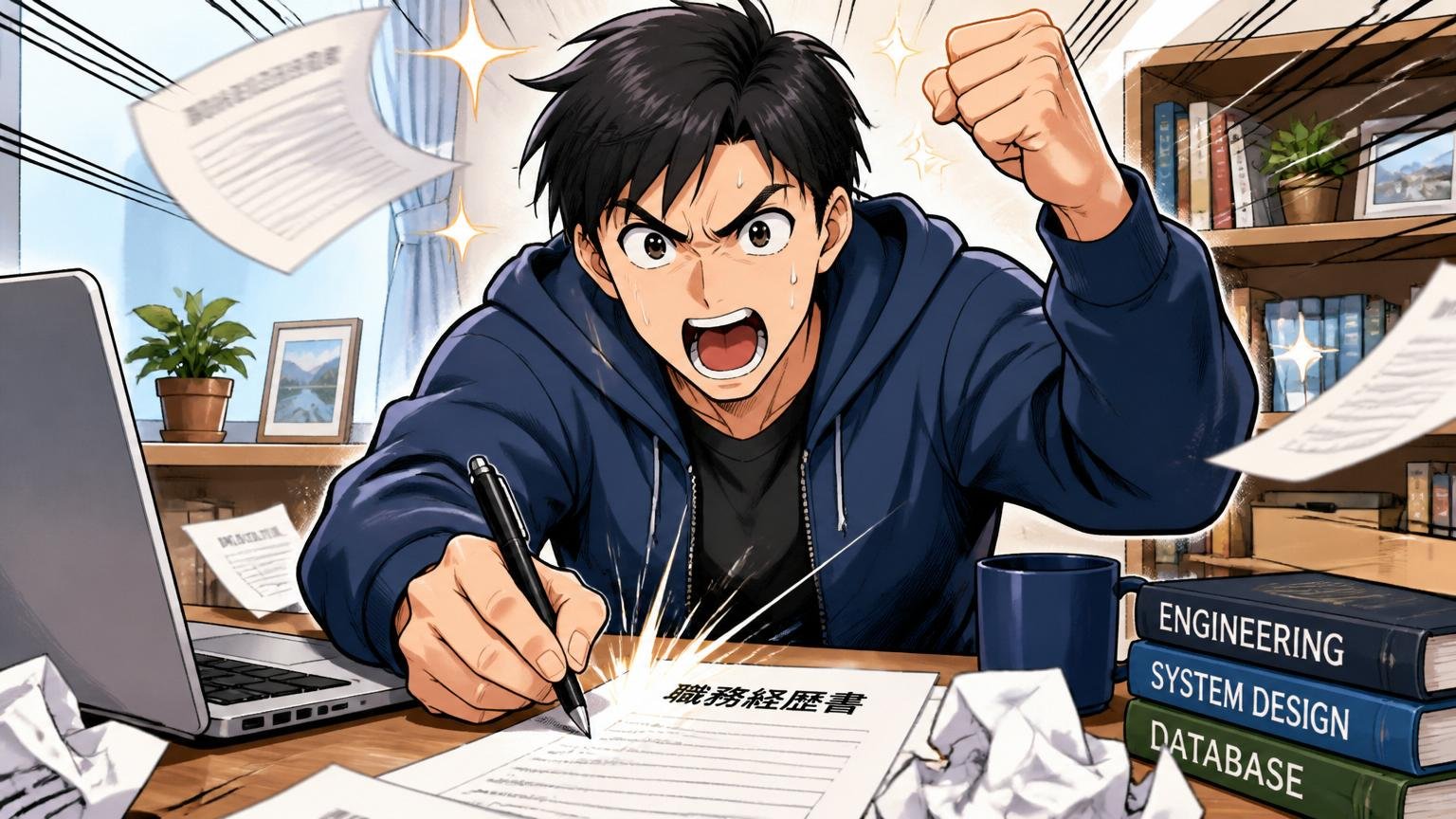 自宅のデスクで職務経歴書を書き直す決意の表情の男性エンジニアのシーン。1人。再起と覚悟のオーバーリアクション