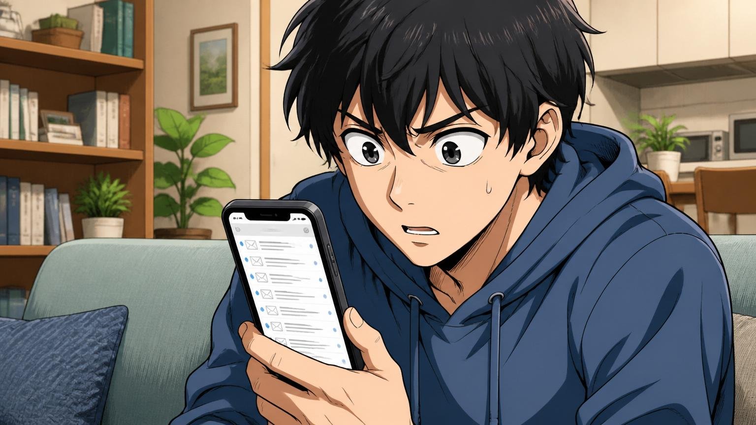 不採用通知が来ないケースの典型パターン、自宅のリビングで、1人の若手就活生がスマホ画面のメール一覧を凝視する