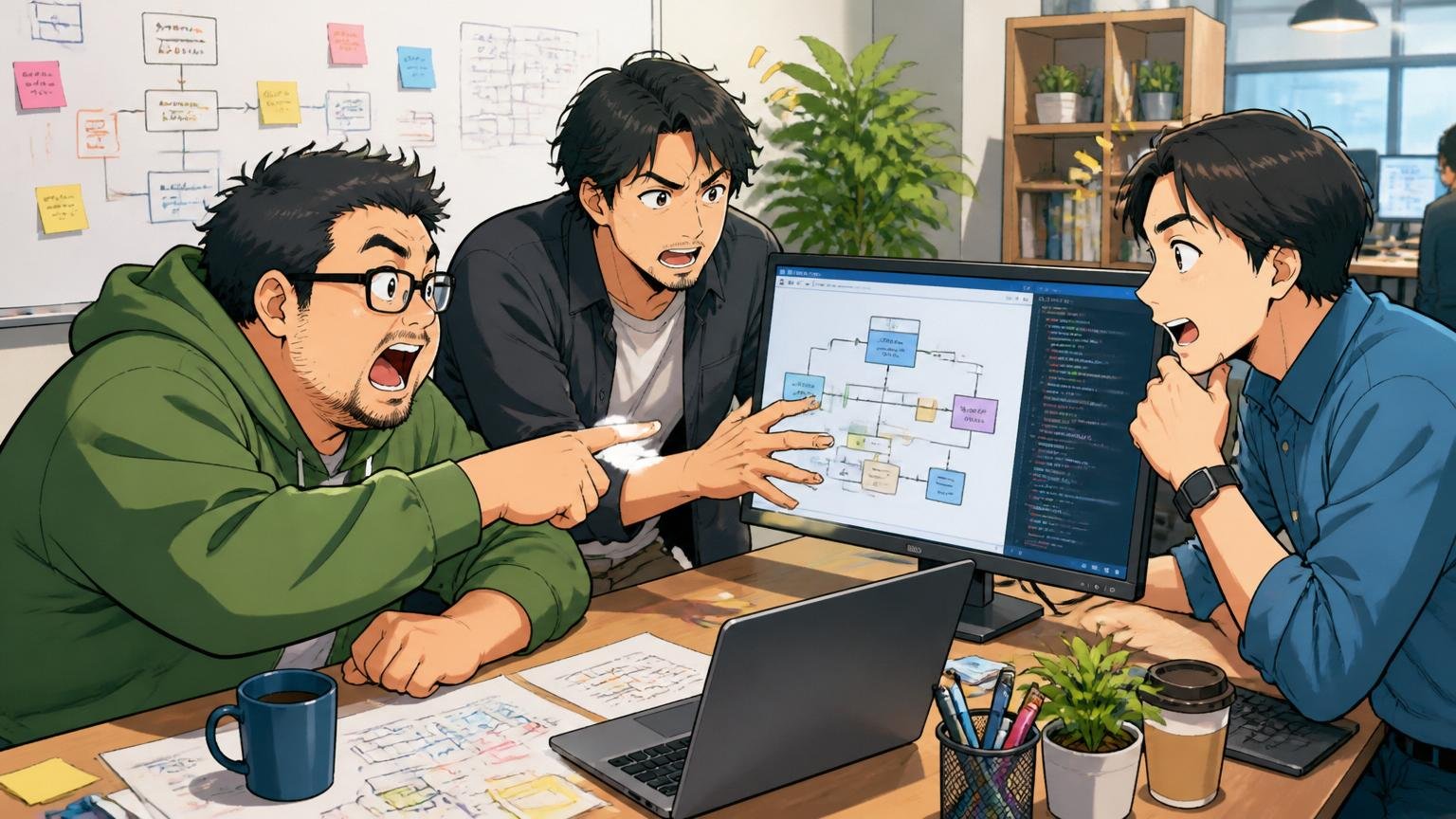 再挑戦するなら2年間で何をしておくべきか／Web系スタートアップのオフィス／30代エンジニア3名／チームで設計レビューする場面