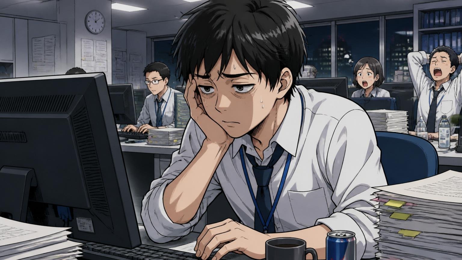 SIerのオフィスで深夜まで残業しているシステムエンジニアが疲れた表情でPC画面を見つめている