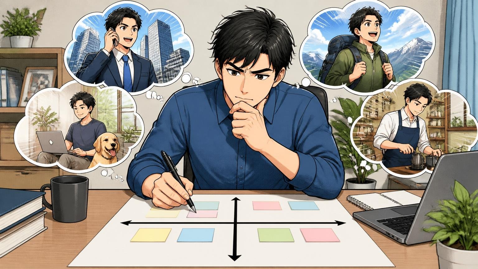 2軸マトリクスで自分の選択肢を整理する30代男性、自宅の作業デスク、1人