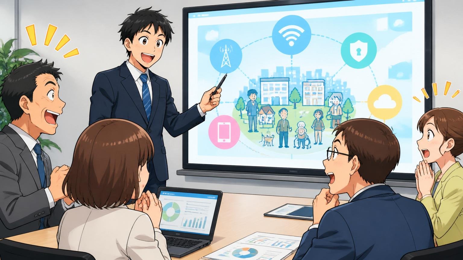 通信インフラ企業の会議室で社員が地域社会向けICTサービス資料を提示する場面