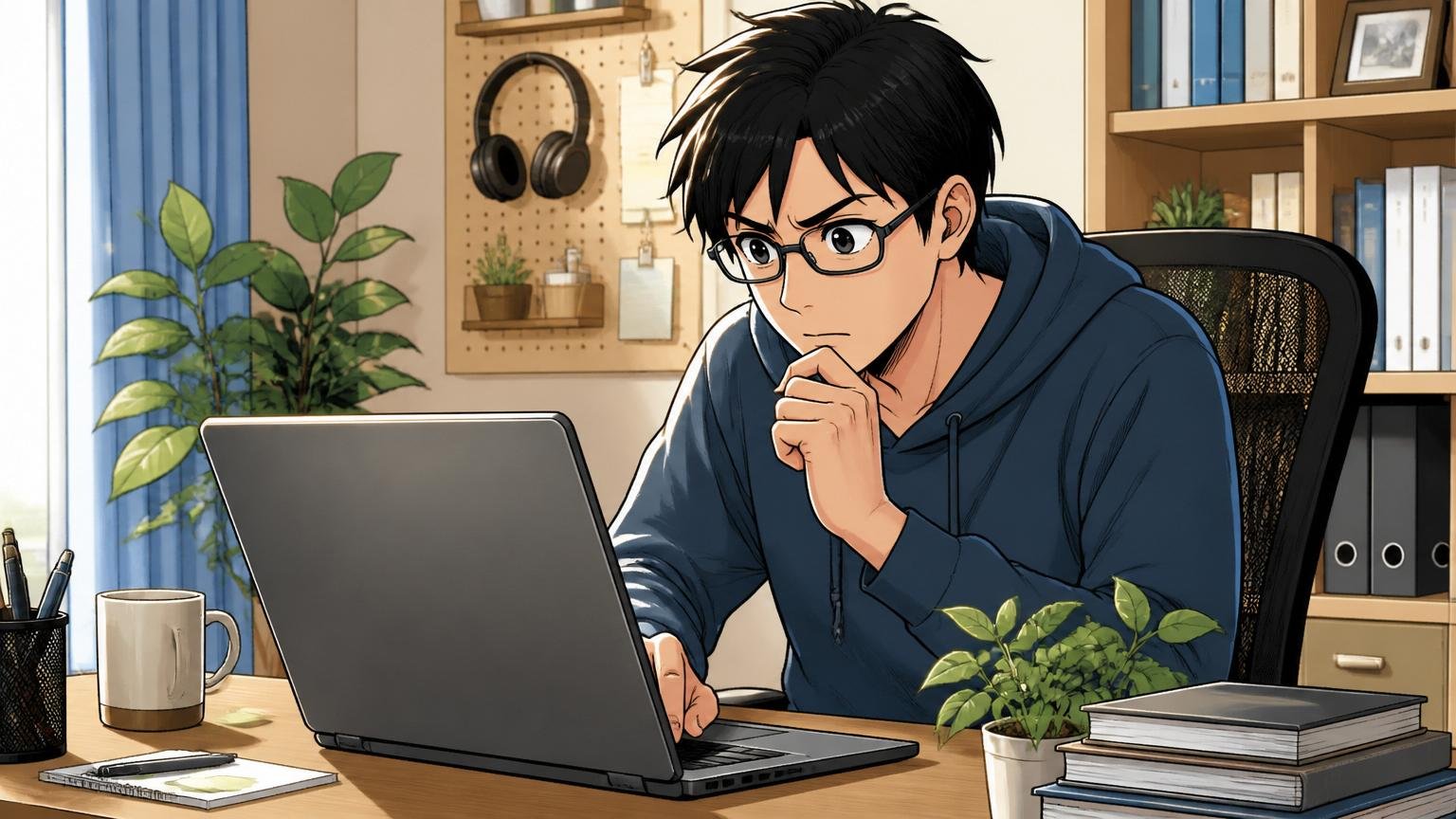 自宅のデスクで在宅勤務中の30代男性エンジニアがベガコーポレーション採用サイトのFAQページを真剣に確認している