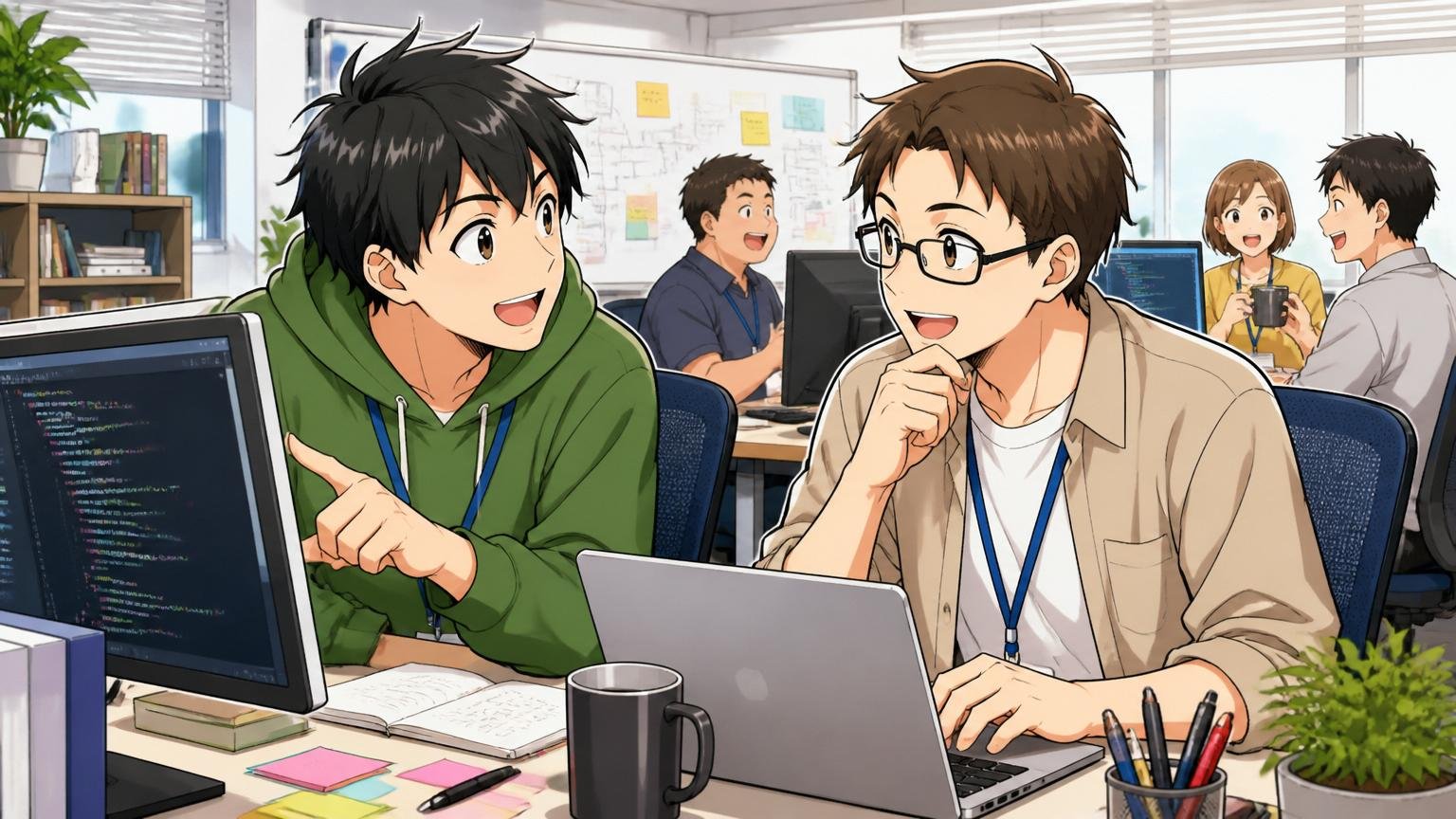Web系企業のオフィスで20代の若手エンジニアが先輩と楽しそうに開発議論する明るい職場の様子