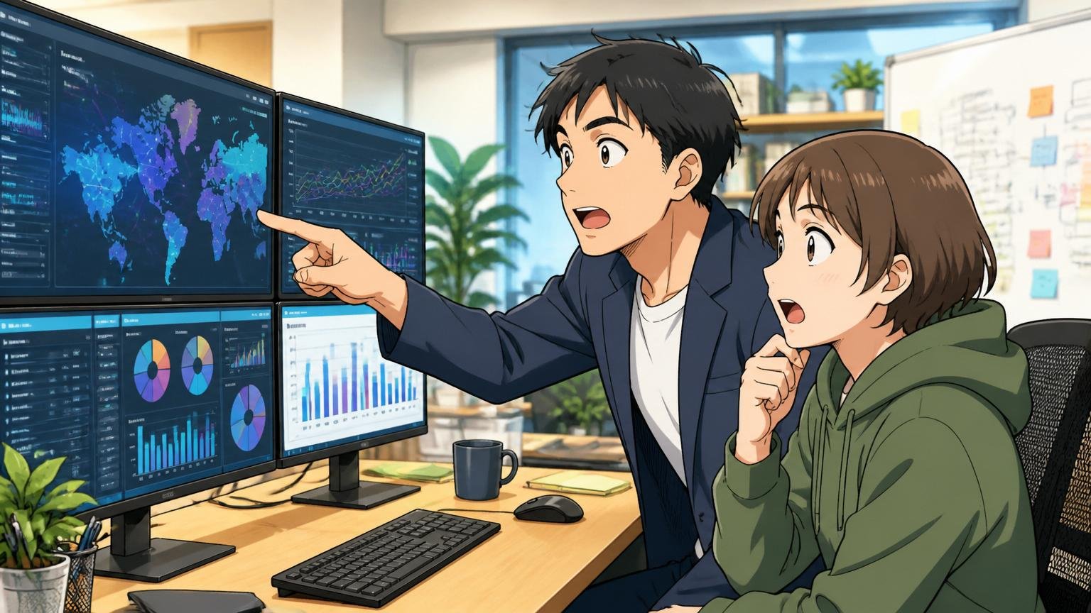 IT人材需給の市場全体を見渡すエンジニア。Web系スタートアップのオフィスで社員2人がモニターを見る