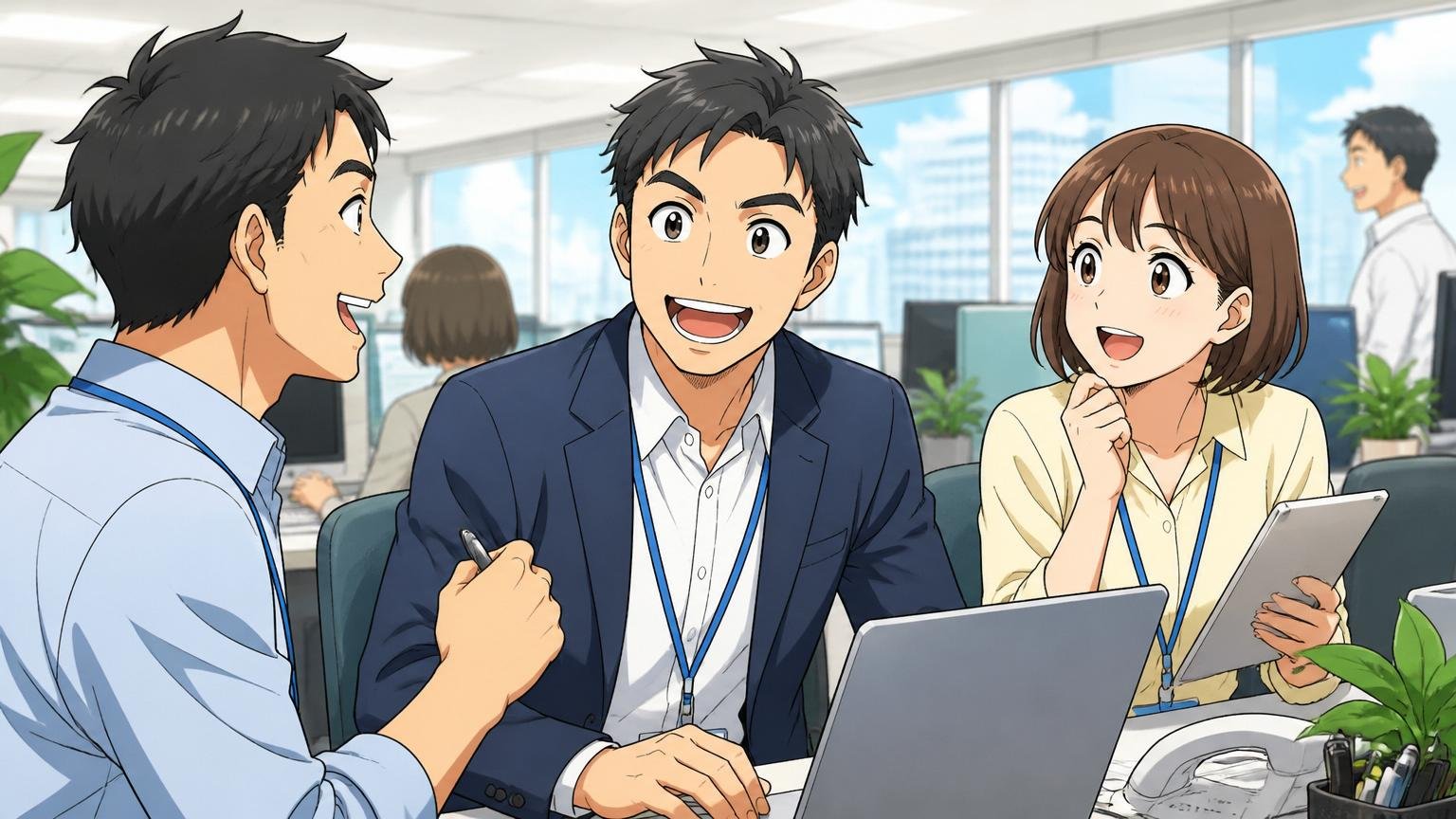 年収1,024万円・残業19.4時間・離職率2.7%という確かな魅力。大手通信企業の明るいオフィスで余裕のある表情で働く30代社員たち3人
