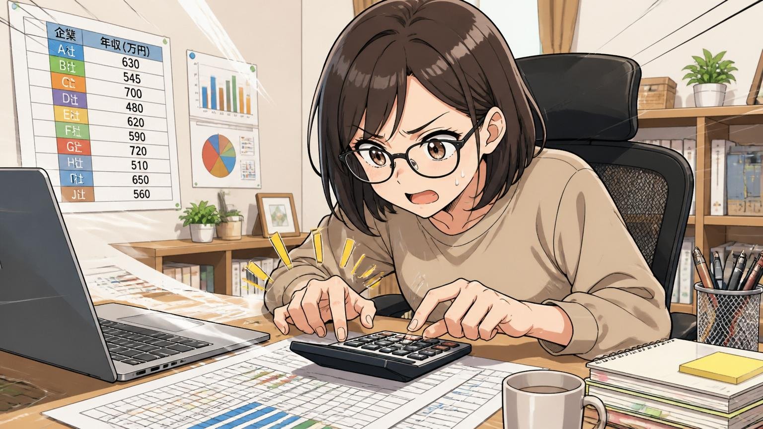 自宅のデスクで在宅勤務中の30代女性エンジニアが、年収データの一覧を見比べながら計算機を叩く場面