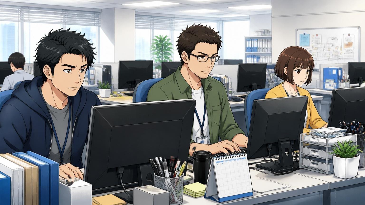 SIerのオフィスでデスクワーク中のエンジニア3人、PC画面に向かって落ち着いた表情で作業