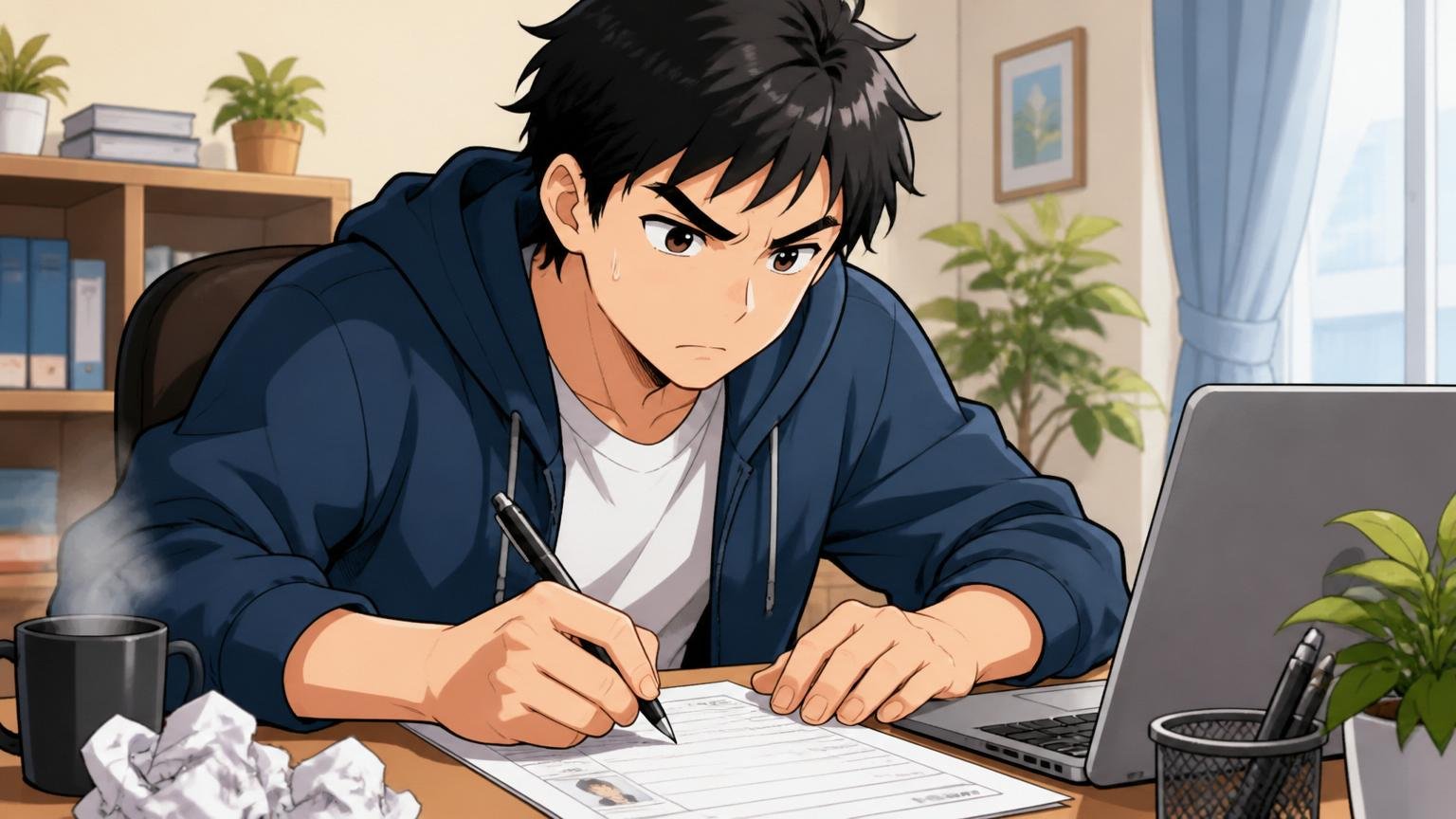 書類選考で落ちた場合に多い3つの原因 自宅のデスクで履歴書を書き直すITエンジニア1人 集中した表情