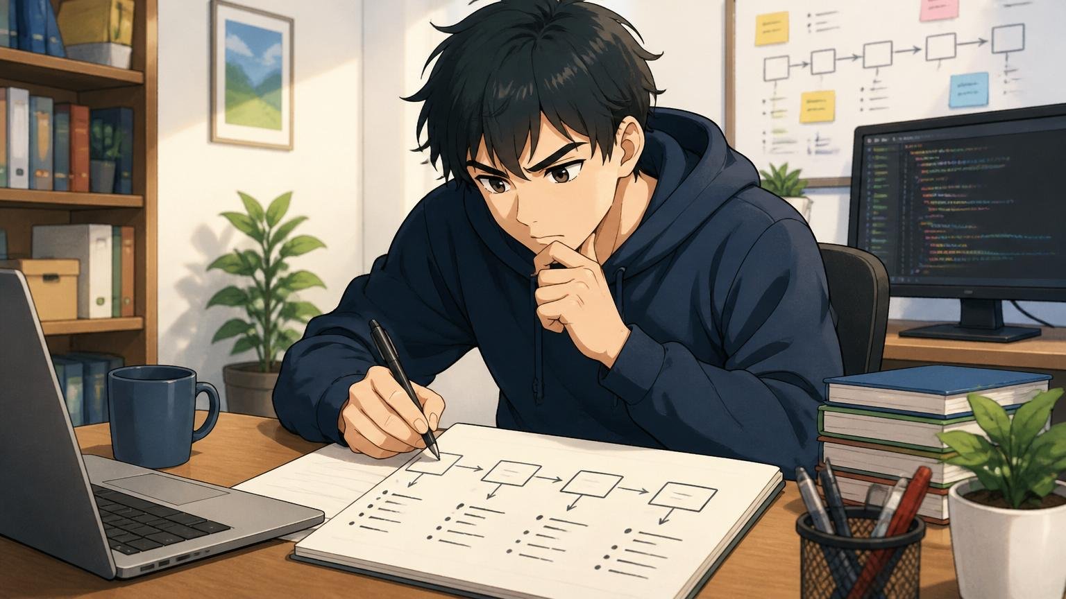 落ちた原因を客観的に振り返る、自宅のデスクで選考を段階ごとにノートに書き出して整理するエンジニア