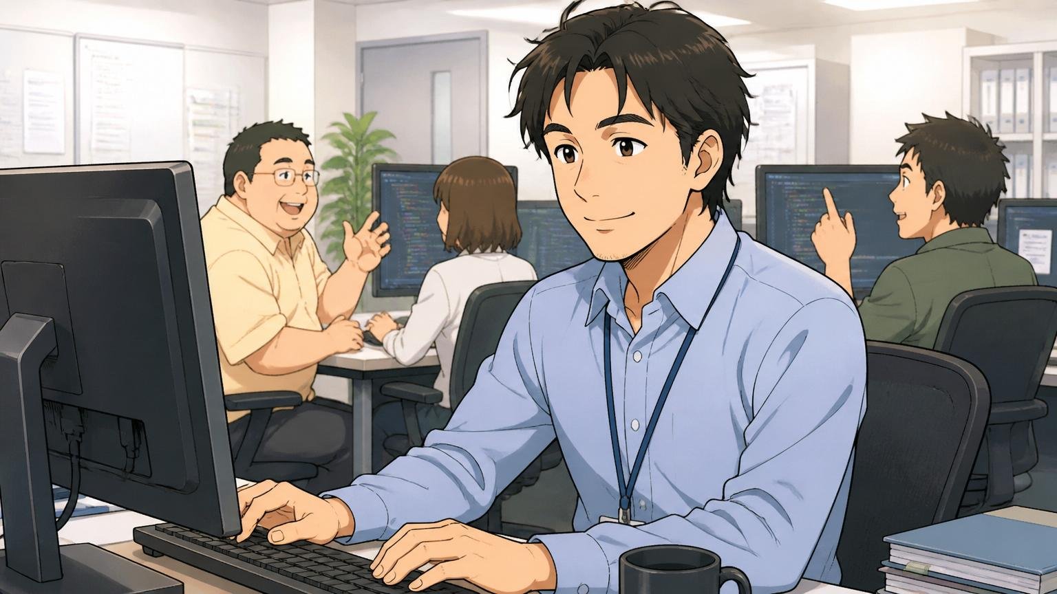 JFEシステムズに向いている人｜SIerの開発現場で落ち着いて働く30代エンジニア、安定した笑顔