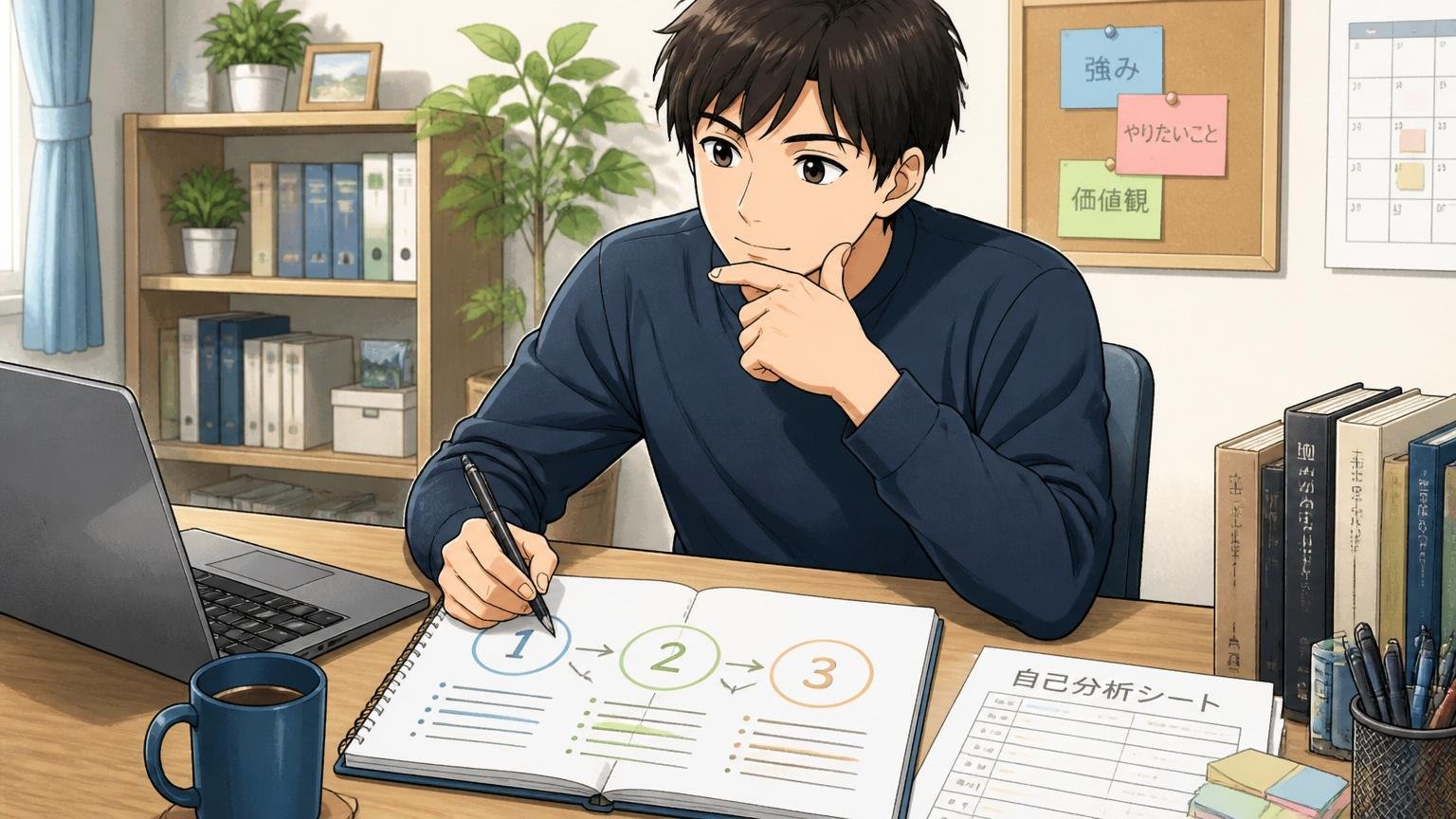 立て直しの3ステップ｜自宅のデスクで転職活動の計画を立てる落ち着いた表情の男性1人
