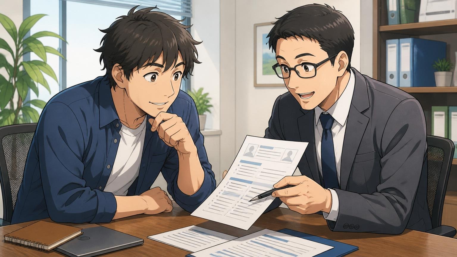 転職エージェントと面談して職務経歴書の添削を受けるエンジニア。落ち着いたオフィスで相談する30代男性とアドバイザーが書類を見る