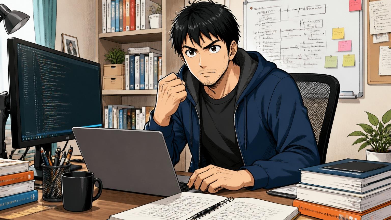 再挑戦が向いている人・改善すべきポイント 自宅のデスクで決意を固める表情の30代男性エンジニア