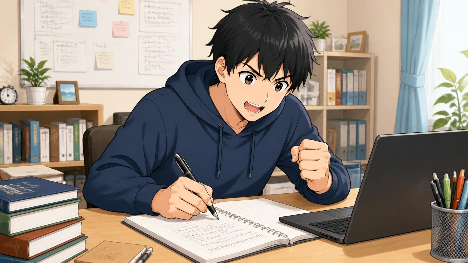 アルテニカ再挑戦の対策 自宅のデスクで志望動機を書き直す20代男性エンジニア志望、前向きな表情