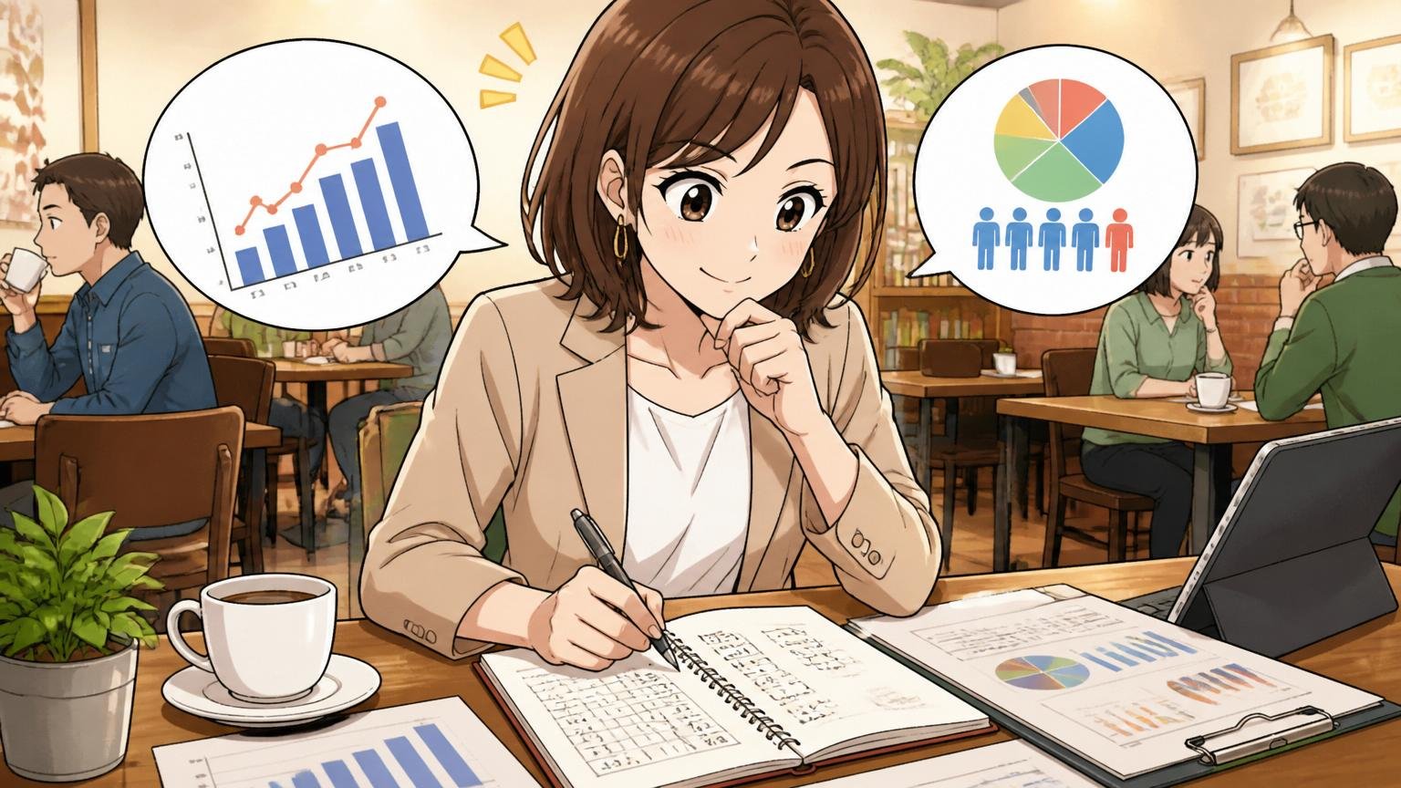 選考難易度と採用倍率のデータ 落ち着いたカフェで30代女性がノートに数字を書き込み納得する表情